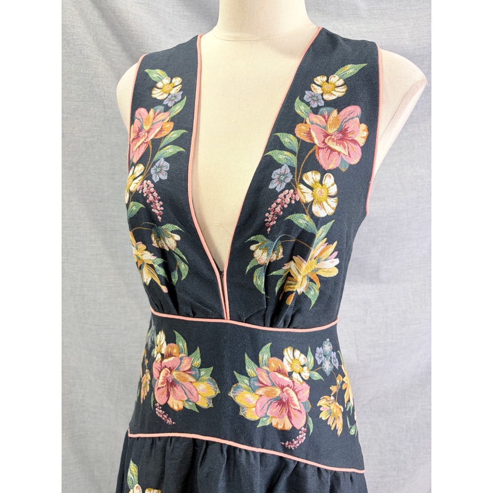 NWT Farm Rio Maira Floral Dark Blue Linen Midi Dress Sleeveless V-Neck - Picture 3 of 16